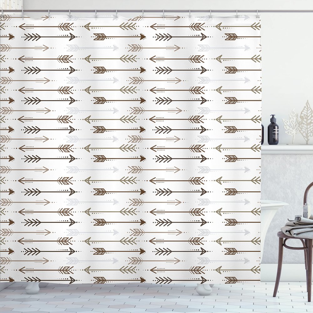 Ambesonne Boho Shower Curtain, Retro Arrow Pattern in Horizontal Line Heading to Opposite Directions Art, Cloth Fabric Bathroom Decor Set with Hooks, 69" W x 70" L, Taupe Brown