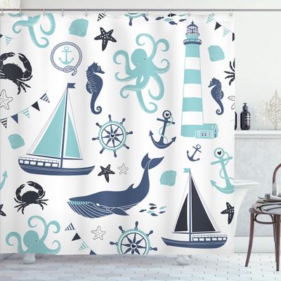 Ambesonne Nautical Shower Curtain, Pastel Colored Composition of Lighthouse Sailboat Fish Shells Octopus, Cloth Fabric Bathroom Decor Set with Hooks, 69" W x 75" L, Blue