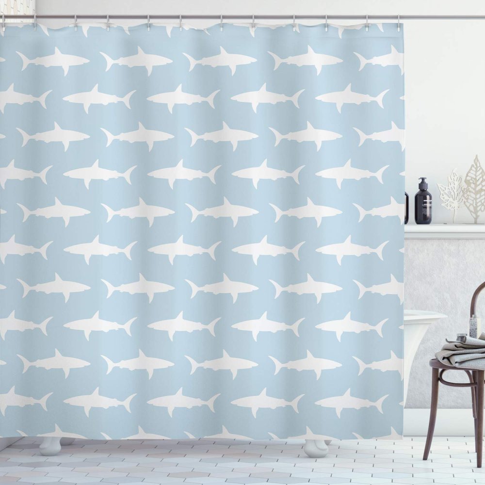 Ambesonne Sea Animals Shower Curtain, Sharks Swimming Horizontal Silhouettes Powerful Dangerous Wild Life, Cloth Fabric Bathroom Decor Set with Hooks, 69" W x 84" L, Soft Blue
