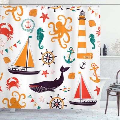 Ambesonne Nautical Shower Curtain, Pastel Colored Composition of Lighthouse Sailboat Fish Shells Octopus, Cloth Fabric Bathroom Decor Set with Hooks, 69" W x 84" L, Multicolor Orange