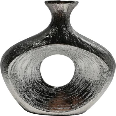 Stoneware Cut-Out Scratched Oval Vase Textured Metallic Finish  Modern Glam Decorative Vase for Flowers or Standalone Display  Home Decor Accent for Living Room, Bedroom, or Office  13", Silver