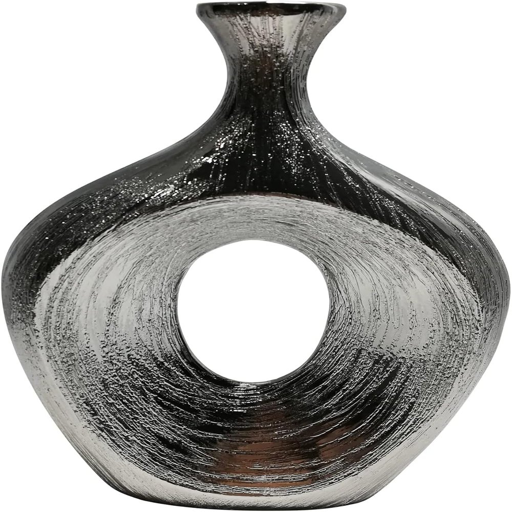 Stoneware Cut-Out Scratched Oval Vase Textured Metallic Finish  Modern Glam Decorative Vase for Flowers or Standalone Display  Home Decor Accent for Living Room, Bedroom, or Office  13", Silver