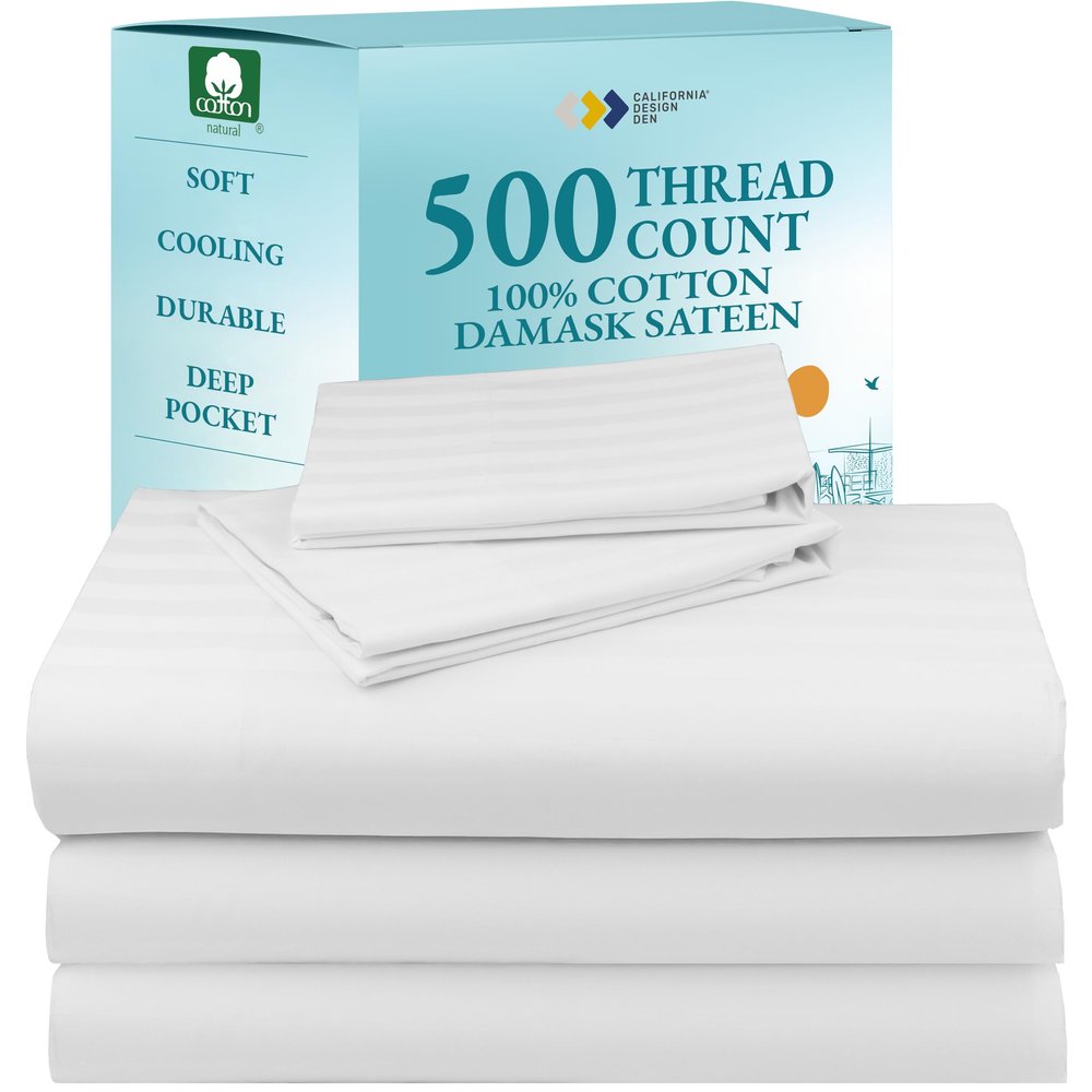 California Design Den Split King Sheets Set for Adjustable Bed, 100% Cotton 500 Thread Count Sateen, Snug Fit, Set with Twin-XL Fitted Sheets, Damask Stripe Bedsheets (Split King, Stripe - White)