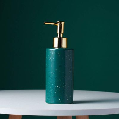 SAFWE Ceramic Lotion Soap Dispenser with Pump for Bathroom Farmhouse Kitchen Office, Modern Green Round Gold Leaf Refillable Empty Decorative Liquid Bottle