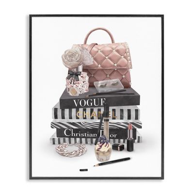 Stupell Industries Fashion Bookstack Purse Perfume Pink Glam Design
