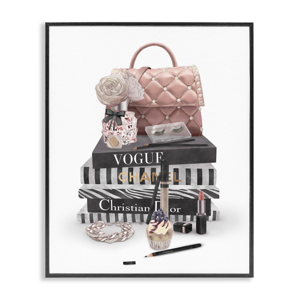 Stupell Industries Fashion Bookstack Purse Perfume Pink Glam Design