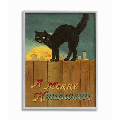 Stupell Industries A Merry Halloween Black Cat Fence Seasonal Holiday Design, Designed by Daphne Polselli Wall Art, 16 x 1.5 x 20, Grey Framed