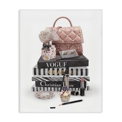 Stupell Industries Fashion Bookstack Purse Perfume Pink Glam Design, 16 x 20, Gallery Wrapped Canvas