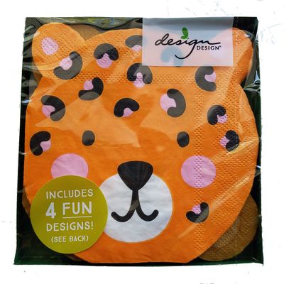Animal Face Beverage Napkins - 16 Individual Napkins - 4 Tiger, 4 Monkey, 4 Sloth, 4 Leopard - 5 x 5 Inch Square