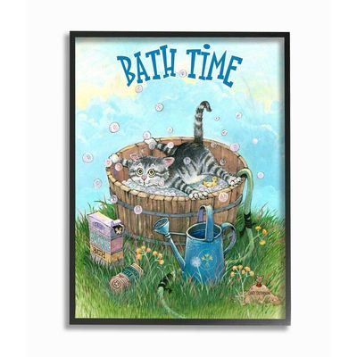 Stupell Industries Bath Time Funny Cat Cartoon Pet Design, Designed by Gary Patterson Wall Art, 11 x 1.5 x 14, Black Framed