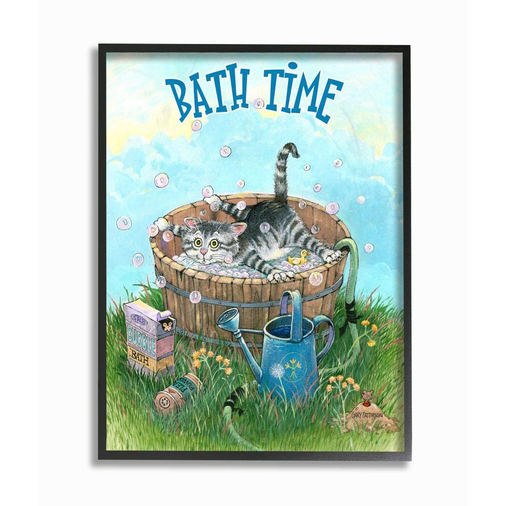 Stupell Industries Bath Time Funny Cat Cartoon Pet Design, Designed by Gary Patterson Wall Art, 11 x 1.5 x 14, Black Framed