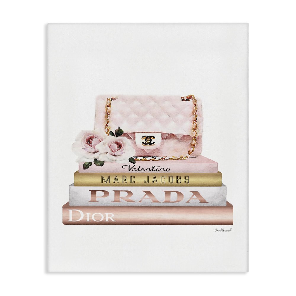 Stupell Industries Pink Purse Gold Bookstack Glam Fashion Watercolor Design, Designed by Amanda Greenwood Wall Art, 24 x 1.5 x 30, Canvas