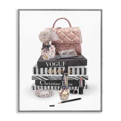 Stupell Industries Fashion Bookstack Purse Perfume Pink Glam Design