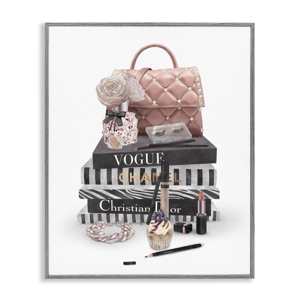 Stupell Industries Fashion Bookstack Purse Perfume Pink Glam Design