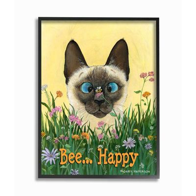 Stupell Industries Bee Happy Funny Cat Cartoon Pet Design