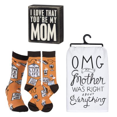 Primitives by Kathy Gift Bundle Classic Box Sign, Dish Towel, Socks, Mom