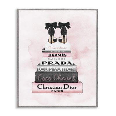 Stupell Industries Black Heels Pink Silver Bookstack Glam Fashion Design, Designed by Amanda Greenwood Wall Art, 16x20, Grey Framed