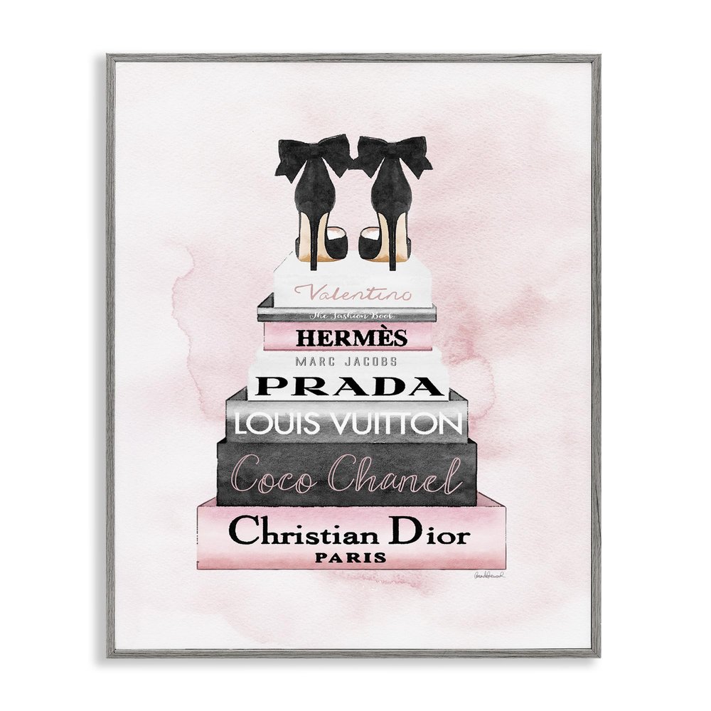 Stupell Industries Black Heels Pink Silver Bookstack Glam Fashion Design, Designed by Amanda Greenwood Wall Art, 16x20, Grey Framed