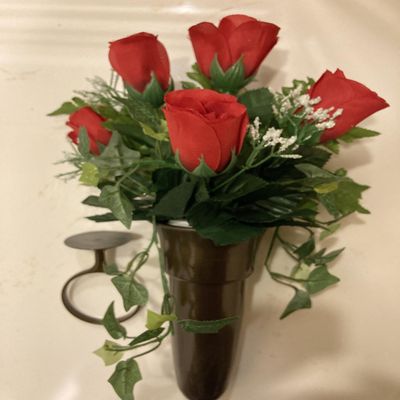 Crypt Cemetery Vase & Red Rose Silk Flowers Disc Base Ring Support for Epoxy