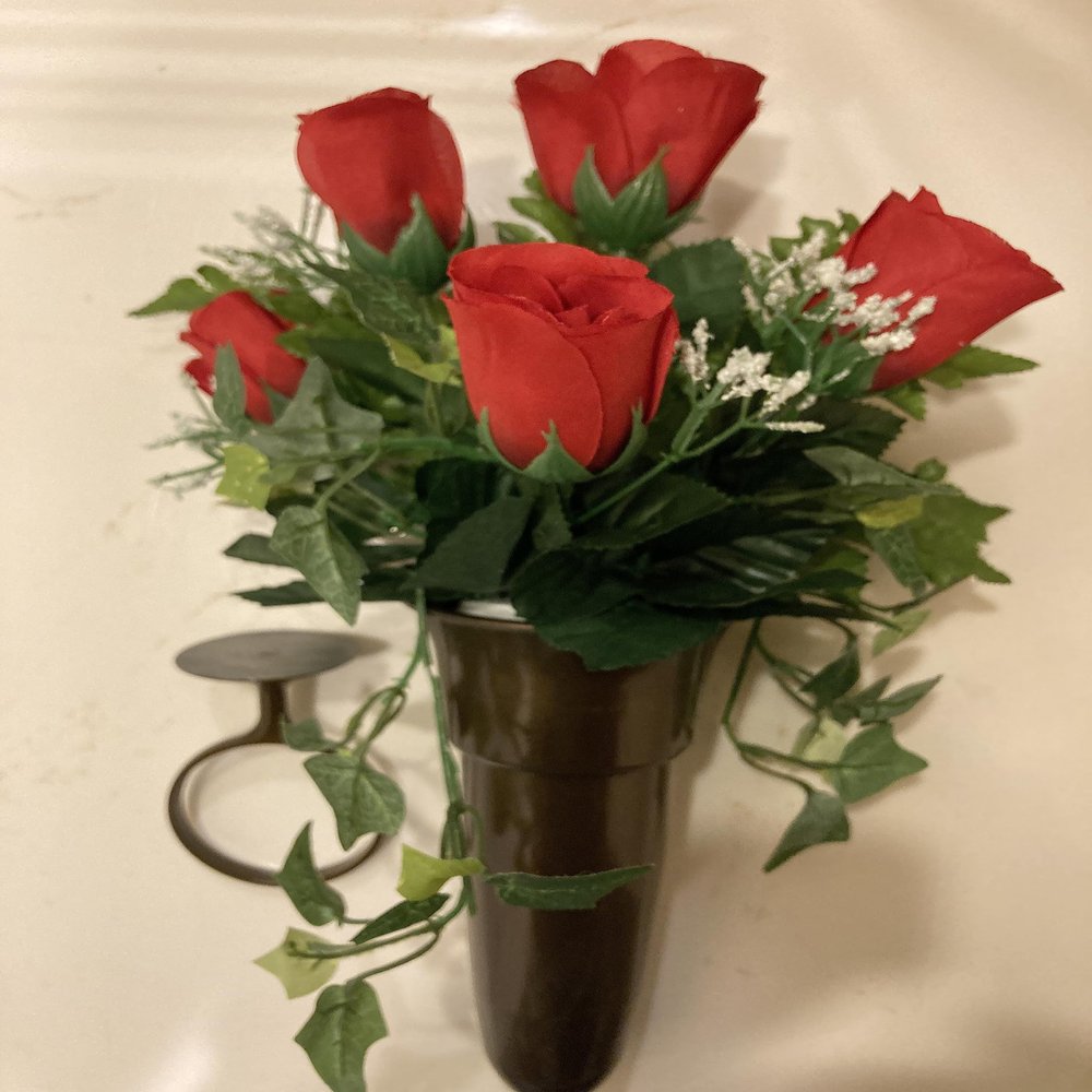 Crypt Cemetery Vase & Red Rose Silk Flowers Disc Base Ring Support for Epoxy