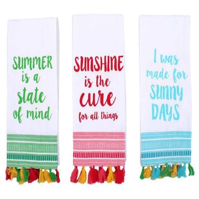 New Summer Sayings States of Mind Embroidered Trim Tropical Tassel Fringe Cotton Kitchen Dish Hand Towel 3 Piece Set
