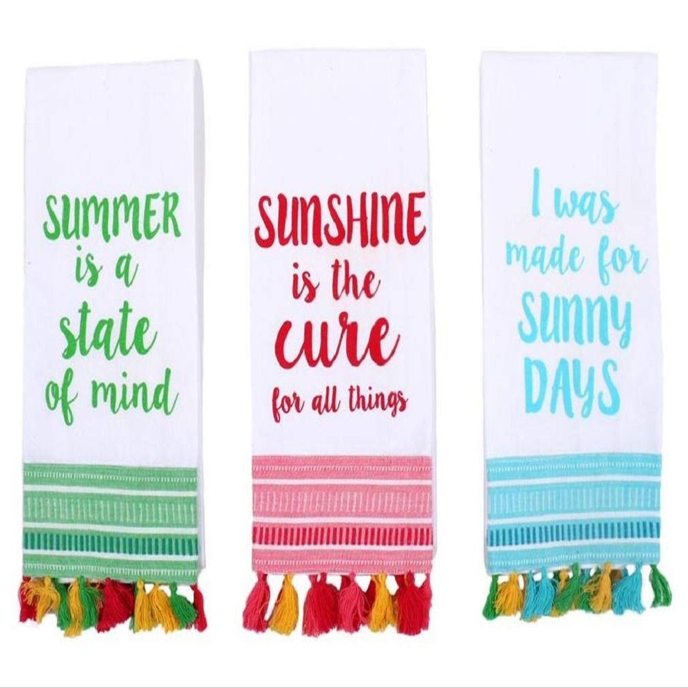 New Summer Sayings States of Mind Embroidered Trim Tropical Tassel Fringe Cotton Kitchen Dish Hand Towel 3 Piece Set