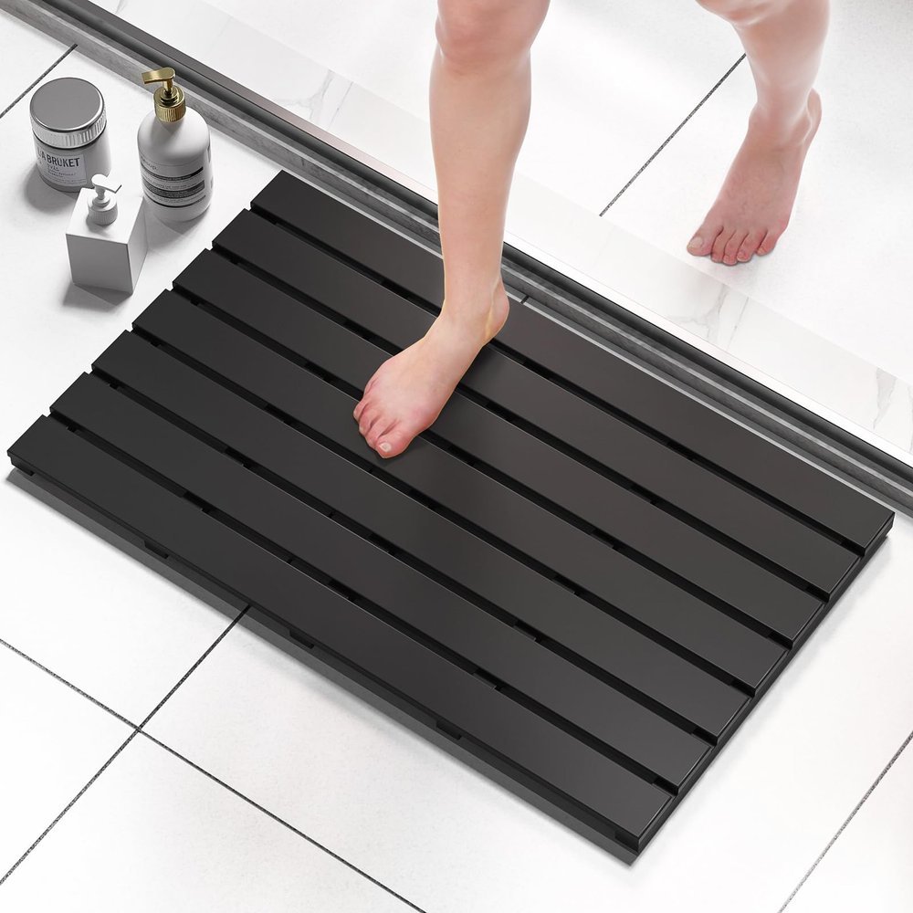 Domax Wooden Bamboo Bath Shower Mat- Non-Slip Waterproof Large Bathroom Floor Mat for Indoor Outdoor (Black, 31.3 x 18.1 x 1.5 Inches)