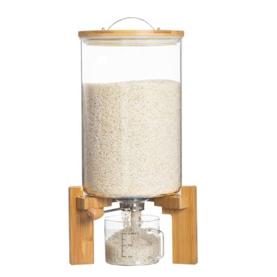 Aprilhp Rice Dispenser, Rice Storage Container, Flour and Cereal Container for Kitchen Organization and Pantry Store, Glass Cereal dispenser with Airtight Lid and Wooden Stand 8L