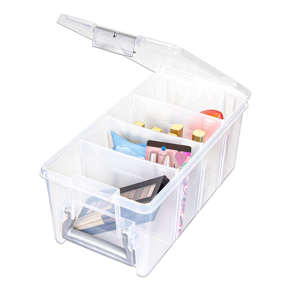 Best Kept Semi Satchel with Removable Dividers, Stackable Home Storage Organization Container, Clear with Sliver Latches and Handle