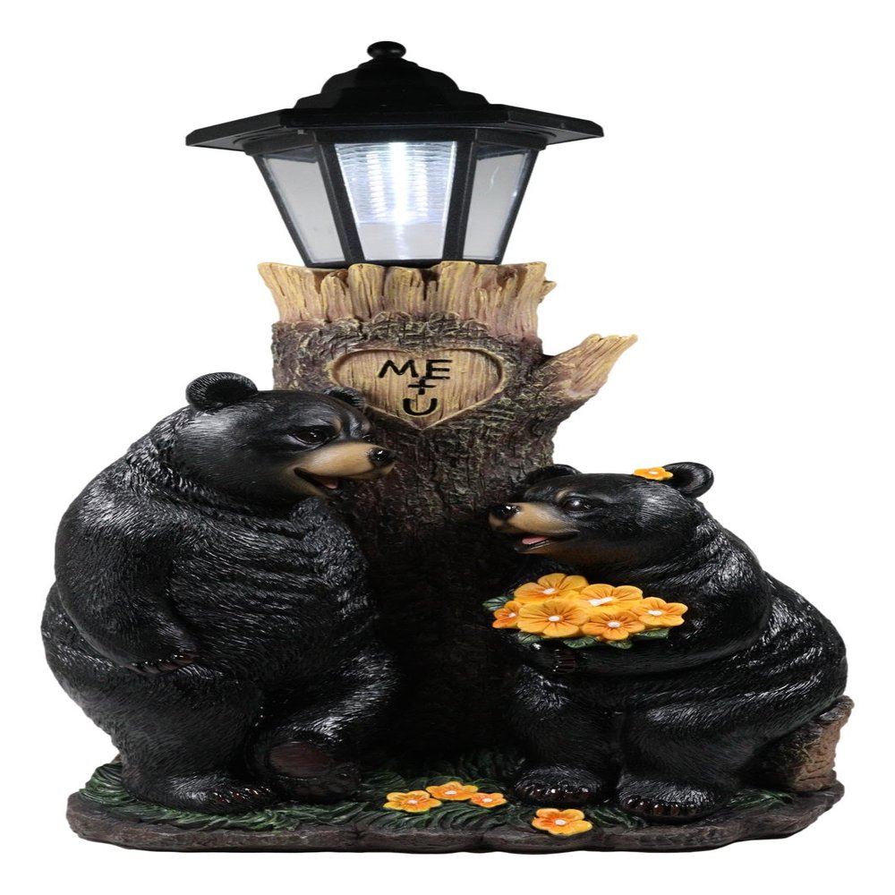 Ebros Love is in The Air Me + U Rustic Forest Black Bear Couple Courtship Dating Outpost Statue with Solar LED Light Lantern Path Lighter As Garden Decorative Sculpture of Bears Valentines Accent