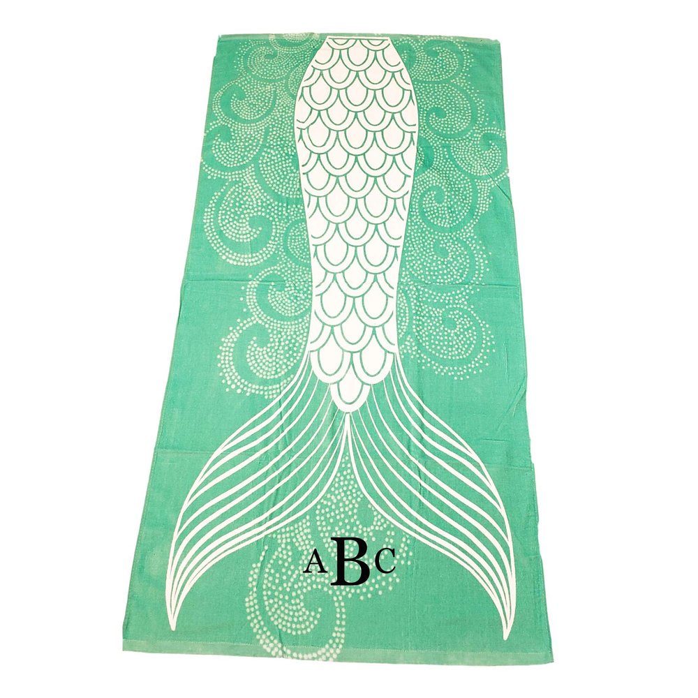 101 BEACH Summer Trendy Printed Large Beach Pool Towel - Personalization Available (Seafoam Green Mermaid Tail - Embroidered Monogram)