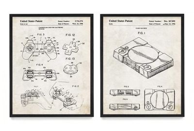 WUNDERKAMMER STUDIO PlayStation Controller and Console Patent Poster Prints - Video Game Wall Art - House Home Dcor - Kids Room Basement Decor - Set of 2-8 x 10 Framed Prints