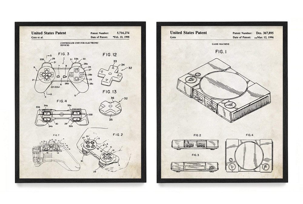 WUNDERKAMMER STUDIO PlayStation Controller and Console Patent Poster Prints - Video Game Wall Art - House Home Dcor - Kids Room Basement Decor - Set of 2-8 x 10 Framed Prints