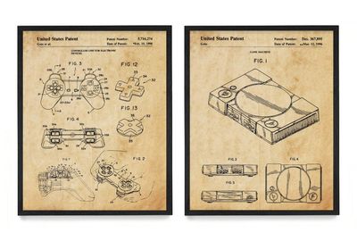 WUNDERKAMMER STUDIO PlayStation Controller and Console Patent Poster Prints - Video Game Wall Art - House Home Dcor - Kids Room Basement Decor - Set of 2-8 x 10 Framed Prints