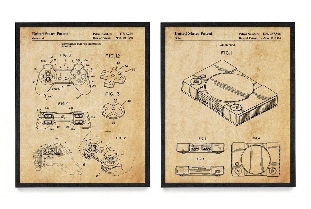 WUNDERKAMMER STUDIO PlayStation Controller and Console Patent Poster Prints - Video Game Wall Art - House Home Dcor - Kids Room Basement Decor - Set of 2-8 x 10 Framed Prints