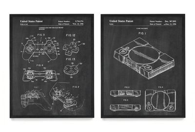 WUNDERKAMMER STUDIO PlayStation Controller and Console Patent Poster Prints - Video Game Wall Art - House Home Dcor - Kids Room Basement Decor - Set of 2-8 x 10 Framed Prints