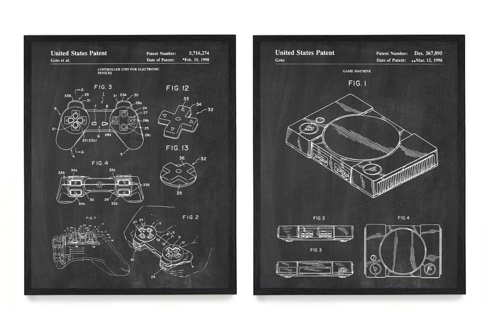 WUNDERKAMMER STUDIO PlayStation Controller and Console Patent Poster Prints - Video Game Wall Art - House Home Dcor - Kids Room Basement Decor - Set of 2-8 x 10 Framed Prints