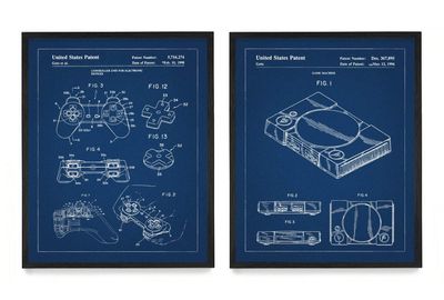 WUNDERKAMMER STUDIO PlayStation Controller and Console Patent Poster Prints - Video Game Wall Art - House Home Dcor - Kids Room Basement Decor - Set of 2-8 x 10 Framed Prints