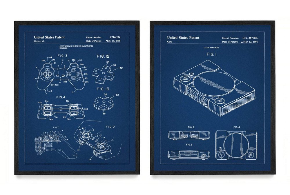 WUNDERKAMMER STUDIO PlayStation Controller and Console Patent Poster Prints - Video Game Wall Art - House Home Dcor - Kids Room Basement Decor - Set of 2-8 x 10 Framed Prints
