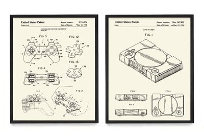 WUNDERKAMMER STUDIO PlayStation Controller and Console Patent Poster Prints - Video Game Wall Art - House Home Dcor - Kids Room Basement Decor - Set of 2-8 x 10 Framed Prints