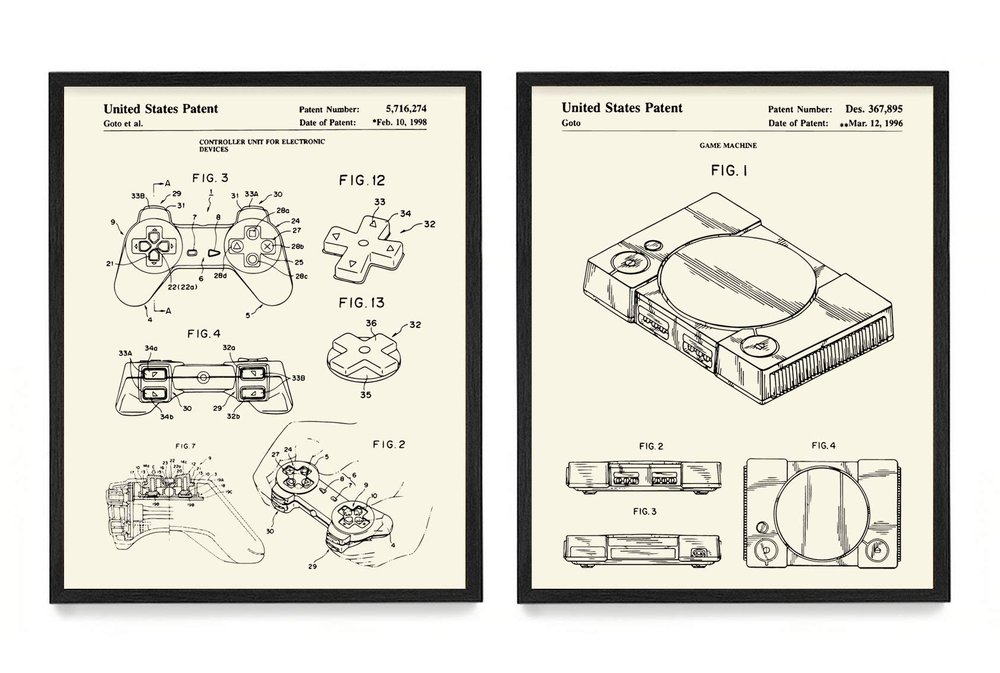 WUNDERKAMMER STUDIO PlayStation Controller and Console Patent Poster Prints - Video Game Wall Art - House Home Dcor - Kids Room Basement Decor - Set of 2-8 x 10 Framed Prints