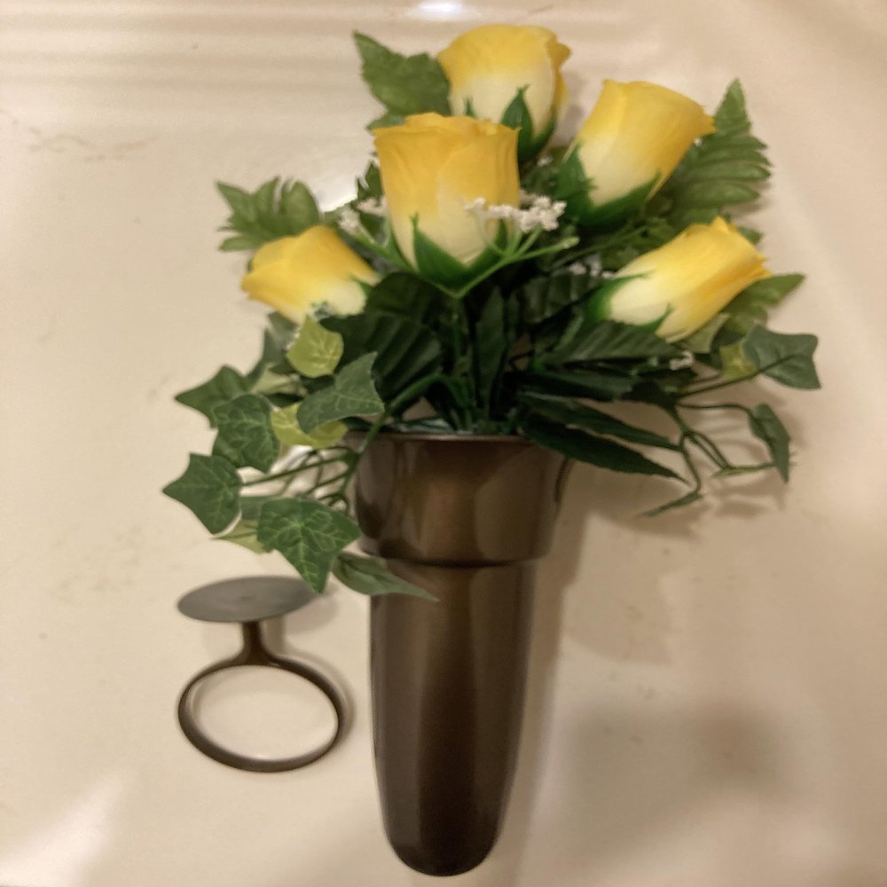Crypt Cemetery Vase & Yellow Rose Silk Flowers Disc Base Ring Support for Epoxy
