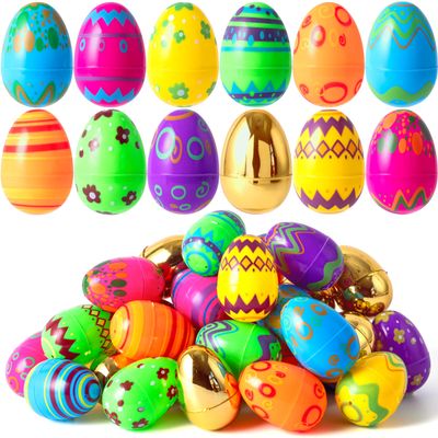 JOYIN 64 Pcs 3.15" Colorful Printed Eggs Include 8 Golden, Plastic Fillable Empty Eggs for Easter Hunt, Basket Stuffer Filler, Classroom Prize, Party Favors