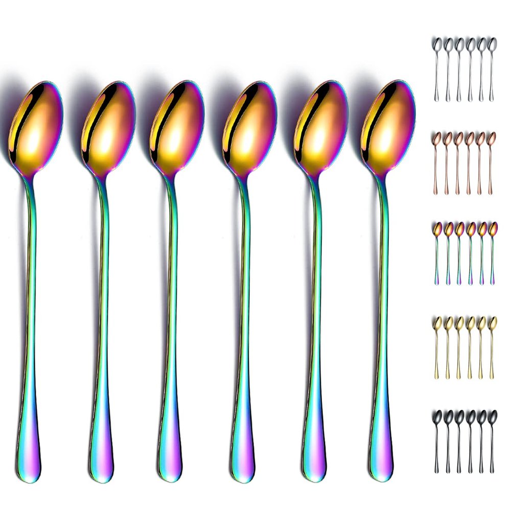 Rainbow Iced Tea Spoons, Kyraton Stainless Steel 7.5" Long Handle Mixing Spoon With Colorful Titanium Plating, Coffee Spoons, Stirring Bar Spoon, Cocktail Spoon, Latte Spoon Pack of 6