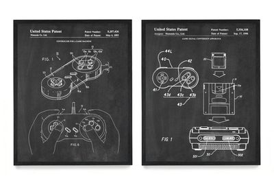 WUNDERKAMMER STUDIO Vintage Super Nintendo Controller and Console Patent Poster Prints - Video Game Wall Art - House Home Dcor - Kids Room Basement Decor - Set of 2-8 x 10 Framed Prints