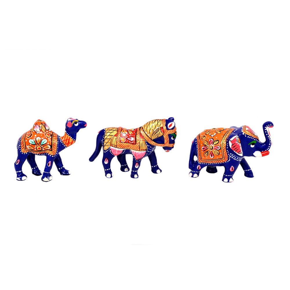 AONA Hand Carved Wooden Painted Horse Elephant Camel Handicraft- Unique Indian Handmade Camel Elephant Horse Sculpture - Perfect Home Decor Statues, Set of 3 Pcs