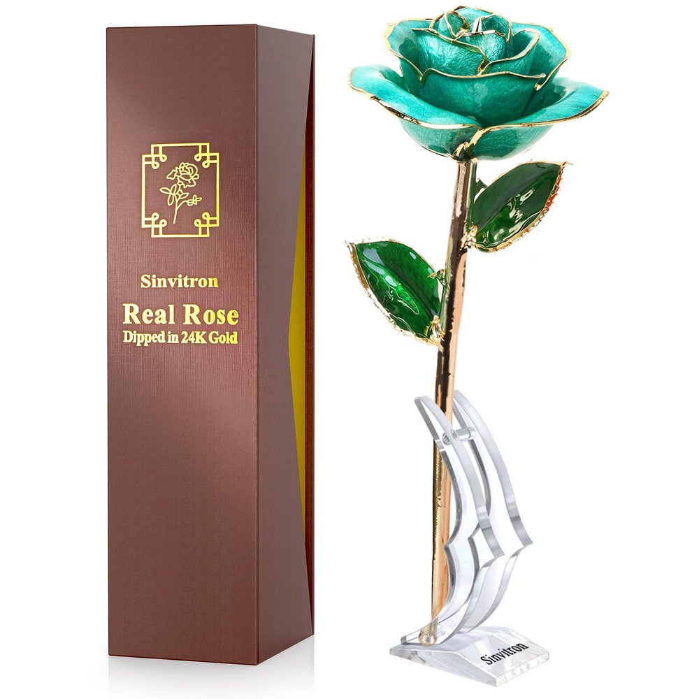 Sinvitron Gold Dipped Rose 24K Real Rose, Long Stem 24k Gold Plated Rose with Stand, Birthday Gift for Women,Gifts for Mom, Dipped Gold Rose for Anniversary, Mothers and Valentines Day (Light Blue)