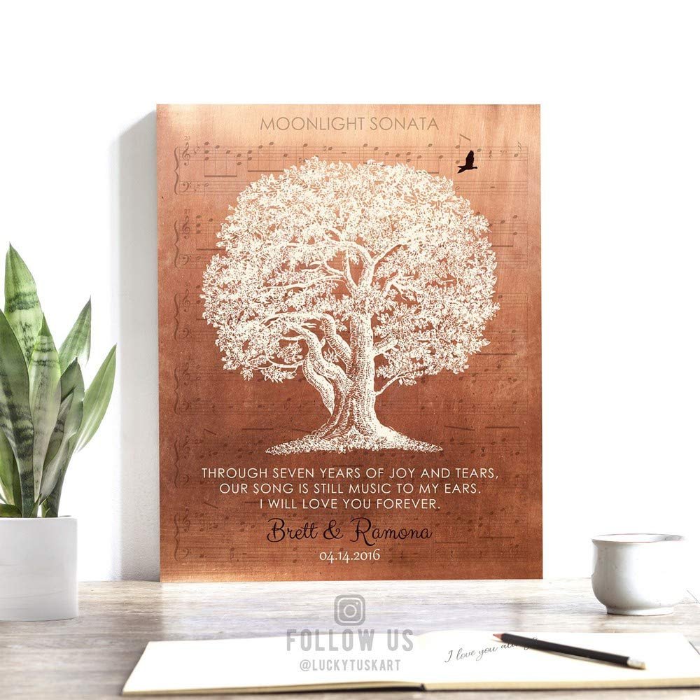 7 Year Anniversary Gift, Love Poem, Sheet Music, Our Song, Faux Copper, Personalized Gift For Couple, Custom Art Print on Paper, Canvas or Metal #1332