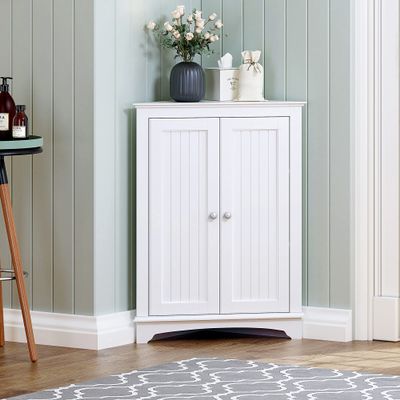 Spirich Floor Corner Cabinet with Two Doors and Shelves, Free-Standing Corner Storage Cabinets for Bathroom, Kitchen, Living Room, White