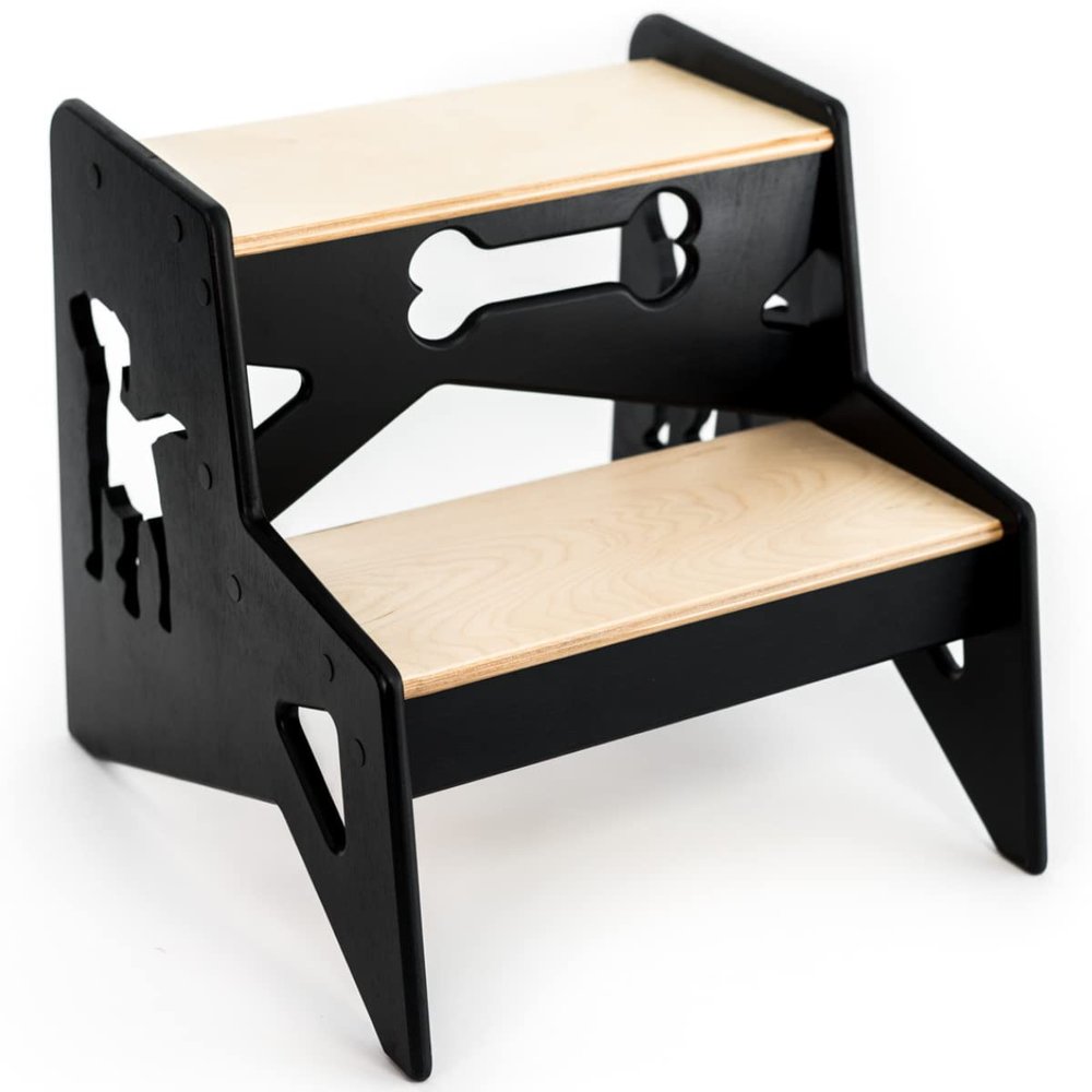 Wooden 2 Step Stool for Toddlers and Adults, Small Footstool Helper, Two Steps Ladder stools, Child for Kitchen Bathroom Garden, Stepping Seats (Black with Dog)